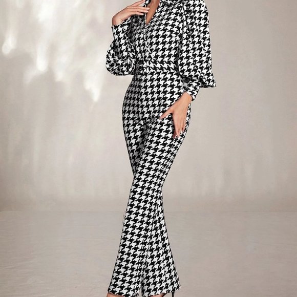 . Pants - Classy houndstooth Womens Jumpsuit Black And White